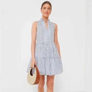 Oliphant Cotton Yoke Striped V Neck Mini Dress in Blue Size Small